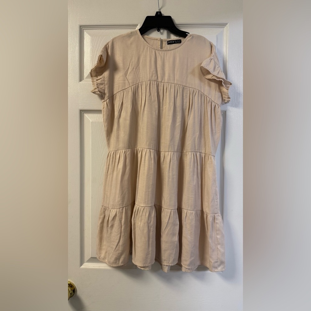 SHEIN Beige Tiered Ruffle Sleeve Mini Smock Dress - Size Small - Picture 10 of 11